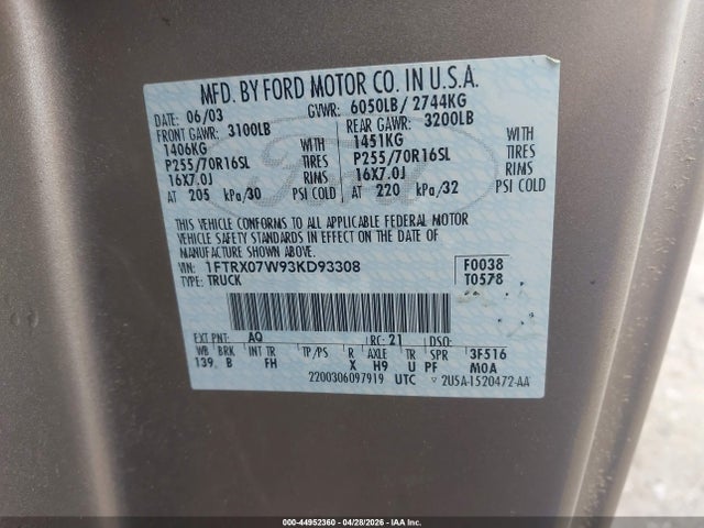 Продажа на аукционе авто 2003 Ford F-150 Lariat/xl/xlt, vin: 1FTRX07W93KD93308, номер лота: 44952360
