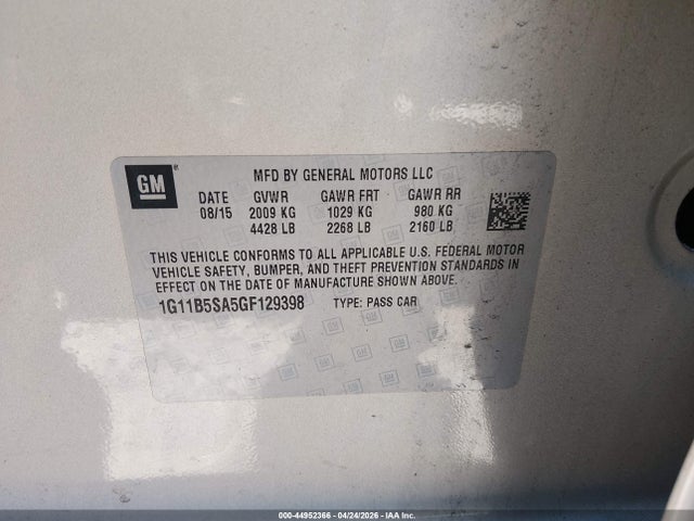 Aukcja sprzedaży 2016 Chevrolet Malibu Limited Ls, vin: 1G11B5SA5GF129398, numer aukcji: 44952366