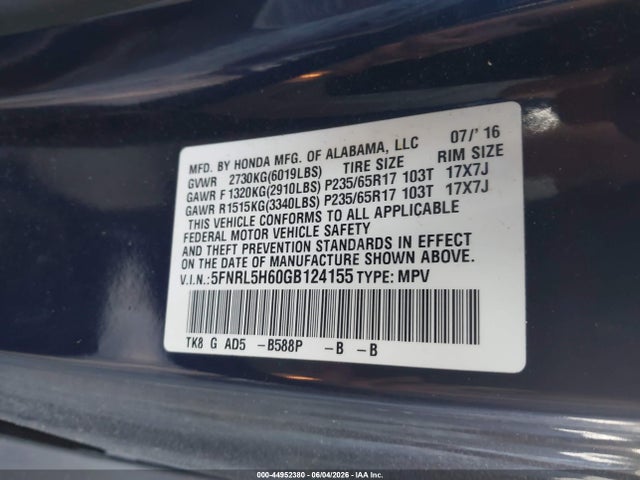 5FNRL5H60GB124155 Honda Odyssey Ex-l