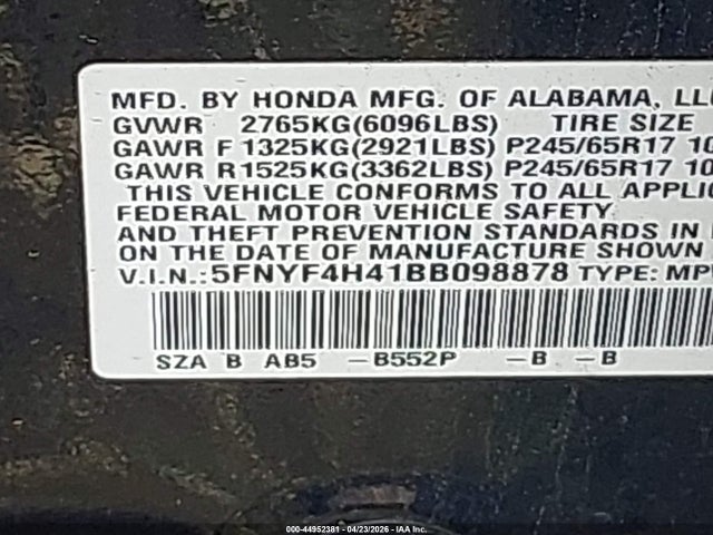 44952381 :رقم المزاد ، 5FNYF4H41BB098878 vin ، 2011 Honda Pilot Ex مزاد بيع