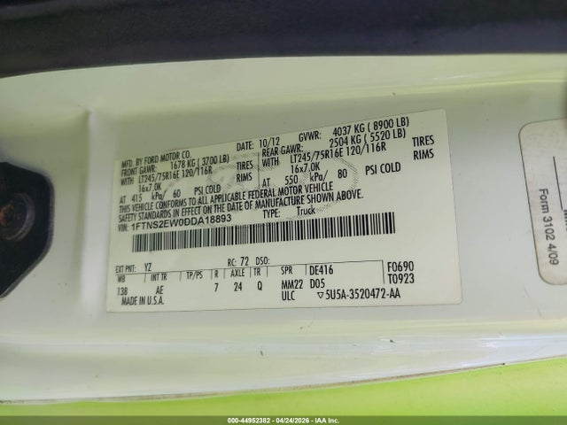 44952382 :رقم المزاد ، 1FTNS2EW0DDA18893 vin ، 2013 Ford E-250 Commercial مزاد بيع