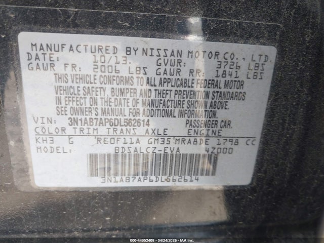 44952408 :رقم المزاد ، 3N1AB7AP6DL562614 vin ، 2013 Nissan Sentra S مزاد بيع