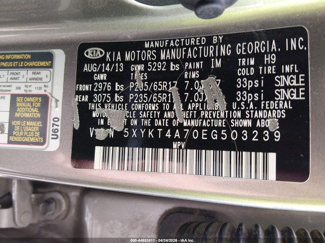 Aukcja sprzedaży 2014 Kia Sorento Lx V6, vin: 5XYKT4A70EG503239, numer aukcji: 44952411