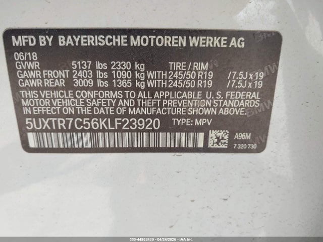 Продажа на аукционе авто 2019 Bmw X3 Sdrive30i, vin: 5UXTR7C56KLF23920, номер лота: 44952429