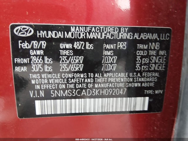 44952433 :رقم المزاد ، 5NMS3CAD3KH092047 vin ، 2019 Hyundai Santa Fe Sel مزاد بيع
