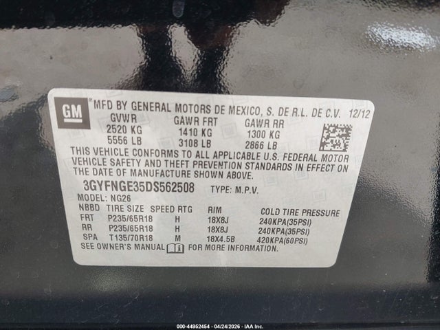 Продаж на аукціоні авто 2013 Cadillac Srx Luxury Collection, vin: 3GYFNGE35DS562508, номер лоту: 44952454