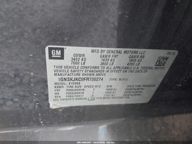 44952457 :رقم المزاد ، 1GNSKJKC9FR730274 vin ، 2015 Chevrolet Suburban 1500 Lt مزاد بيع