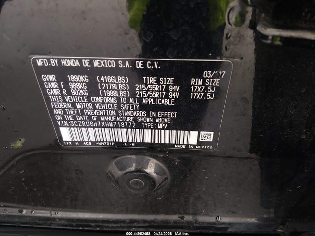 Продаж на аукціоні авто 2017 Honda Hr-v Ex-l, vin: 3CZRU6H7XHM718772, номер лоту: 44952458