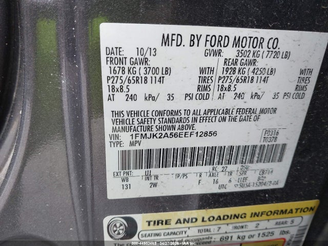 44952463 :رقم المزاد ، 1FMJK2A56EEF12856 vin ، 2014 Ford Expedition El Limited مزاد بيع