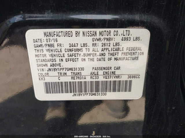 Aukcja sprzedaży 2016 Infiniti Q70l 3.7, vin: JN1BY1PP7GM631330, numer aukcji: 44952465