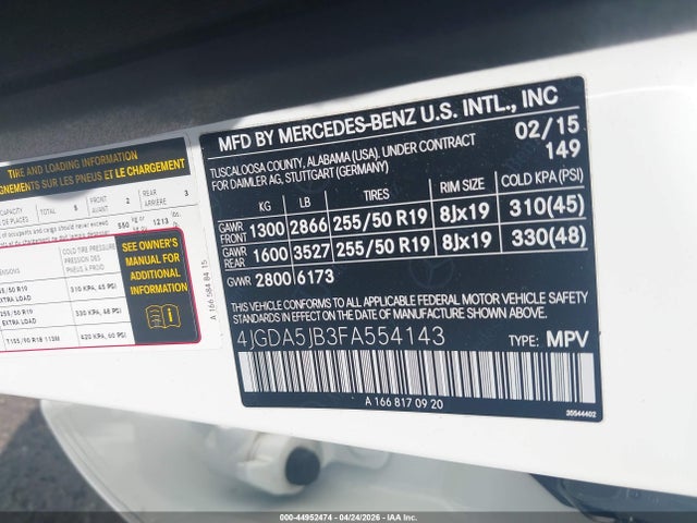 2015 Mercedes-benz Ml 350 მანქანა იყიდება აუქციონზე, vin: 4JGDA5JB3FA554143, აუქციონის ნომერი: 44952474