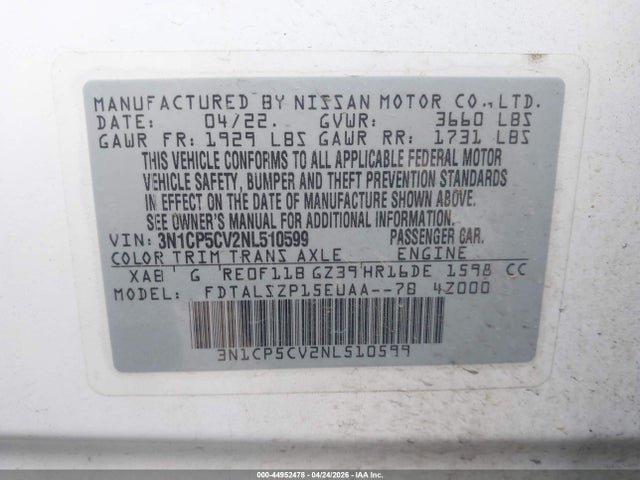 Aukcja sprzedaży 2022 Nissan Kicks Sv Xtronic Cvt, vin: 3N1CP5CV2NL510599, numer aukcji: 44952478