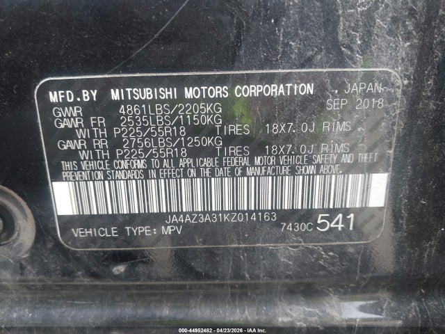 44952482 :رقم المزاد ، JA4AZ3A31KZ014163 vin ، 2019 Mitsubishi Outlander Sel مزاد بيع