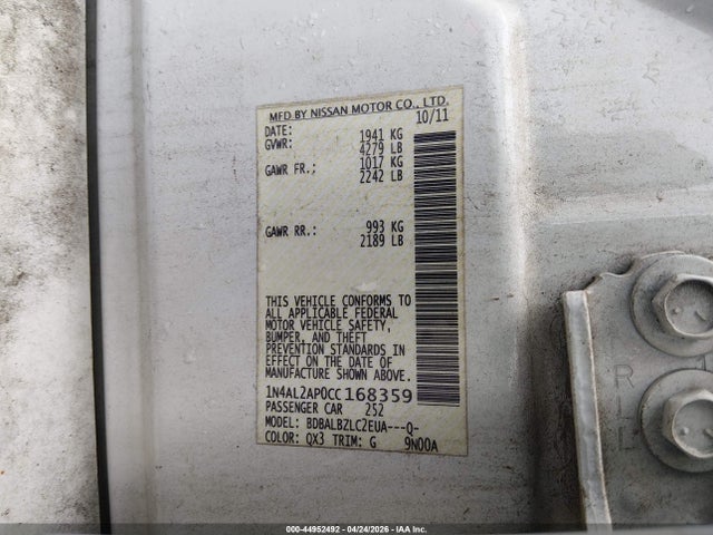 2012 Nissan Altima 2.5 S მანქანა იყიდება აუქციონზე, vin: 1N4AL2AP0CC168359, აუქციონის ნომერი: 44952492