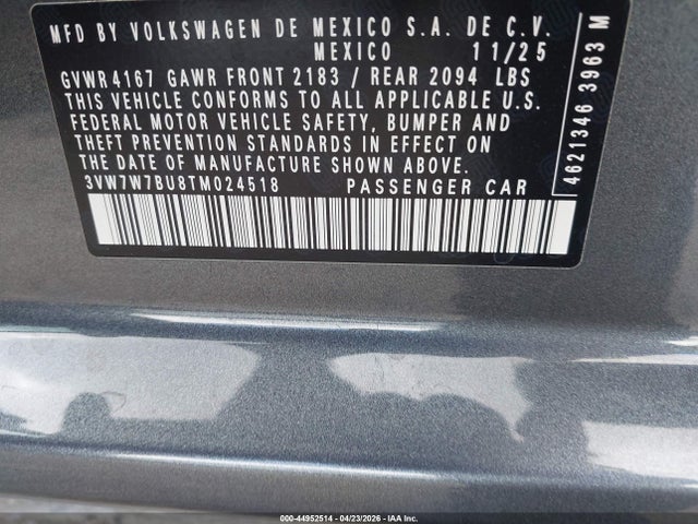 2026 Volkswagen Jetta Se მანქანა იყიდება აუქციონზე, vin: 3VW7W7BU8TM024518, აუქციონის ნომერი: 44952514