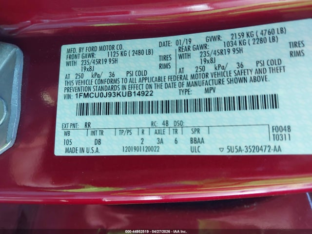 Продаж на аукціоні авто 2019 Ford Escape Titanium, vin: 1FMCU0J93KUB14922, номер лоту: 44952519