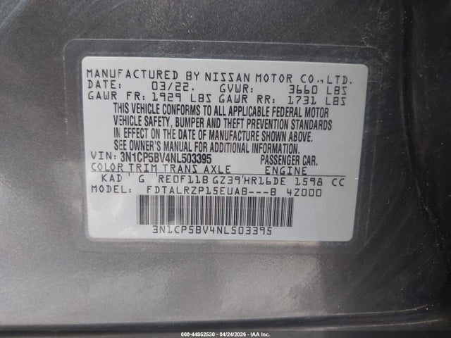 Продажа на аукционе авто 2022 Nissan Kicks S Xtronic Cvt, vin: 3N1CP5BV4NL503395, номер лота: 44952530