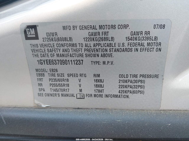 Aukcja sprzedaży 2009 Cadillac Srx V6, vin: 1GYEE637090111237, numer aukcji: 44952558