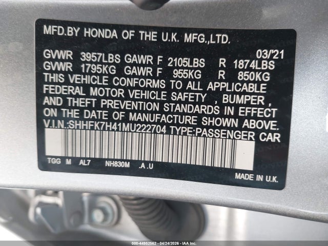 Продаж на аукціоні авто 2021 Honda Civic Sport, vin: SHHFK7H41MU222704, номер лоту: 44952562