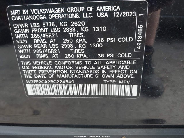 Продаж на аукціоні авто 2024 Volkswagen Atlas Cross Sport 2.0t Sel Premium R-line, vin: 1V2FE2CA2RC224540, номер лоту: 44952568