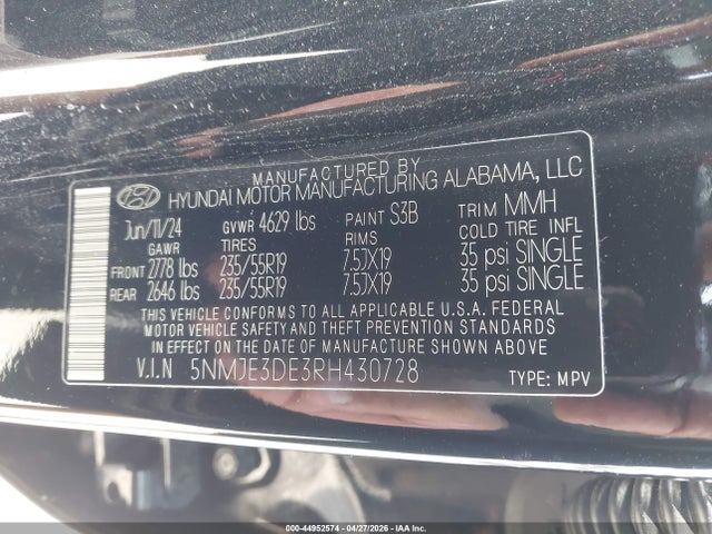 Aukcja sprzedaży 2024 Hyundai Tucson Limited, vin: 5NMJE3DE3RH430728, numer aukcji: 44952574