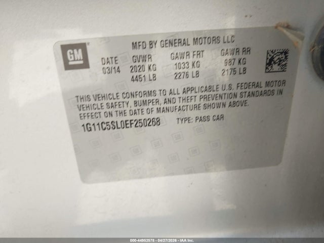 44952578 :رقم المزاد ، 1G11C5SL0EF250268 vin ، 2014 Chevrolet Malibu 1lt مزاد بيع