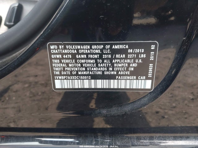 2013 Volkswagen Passat 2.5l Se მანქანა იყიდება აუქციონზე, vin: 1VWBP7A3XDC150012, აუქციონის ნომერი: 44952594