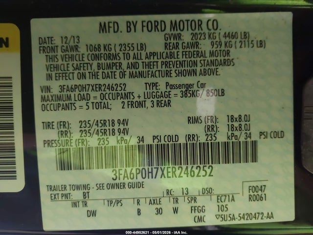 Продажа на аукционе авто 2014 Ford Fusion Se, vin: 3FA6P0H7XER246252, номер лота: 44952621