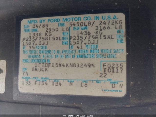 44952624 :رقم المزاد ، 1FTDF15Y4KNB32494 vin ، 1989 Ford F150 مزاد بيع