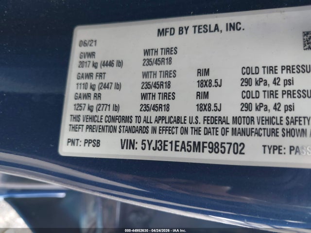 Aukcja sprzedaży 2021 Tesla Model 3 Standard Range Plus Rear-wheel Drive, vin: 5YJ3E1EA5MF985702, numer aukcji: 44952630