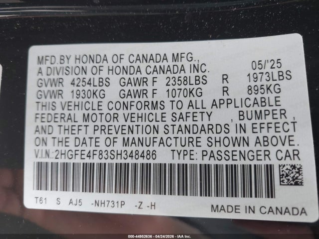 Aukcja sprzedaży 2025 Honda Civic Hybrid Sport/sport Touring, vin: 2HGFE4F83SH348486, numer aukcji: 44952636