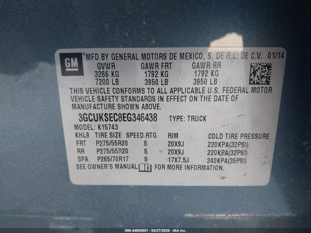 Aukcja sprzedaży 2014 Chevrolet Silverado 1500 1lz, vin: 3GCUKSEC8EG346438, numer aukcji: 44952651