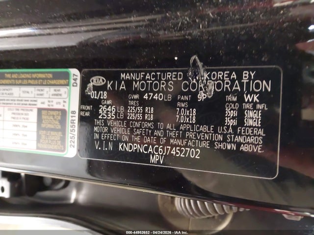 Продаж на аукціоні авто 2018 Kia Sportage Ex, vin: KNDPNCAC6J7452702, номер лоту: 44952652