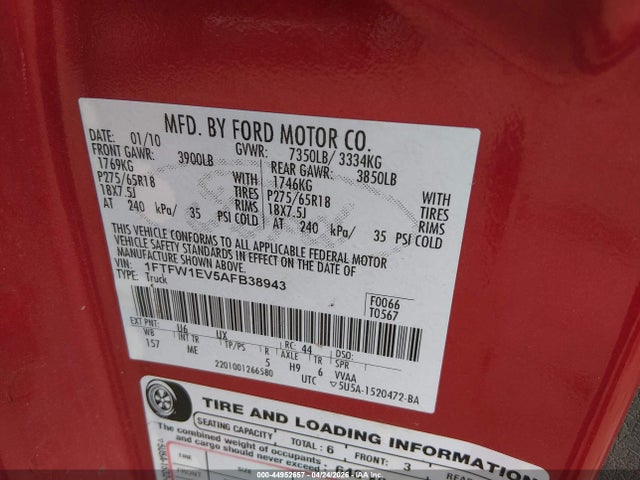 Aukcja sprzedaży 2010 Ford F-150 Fx4/harley-davidson/king Ranch/lariat/platinum/xl/xlt, vin: 1FTFW1EV5AFB38943, numer aukcji: 44952657
