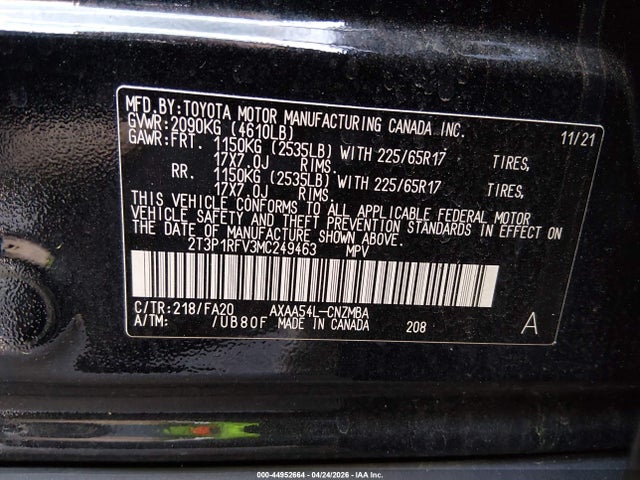 Продаж на аукціоні авто 2021 Toyota Rav4 Xle, vin: 2T3P1RFV3MC249463, номер лоту: 44952664