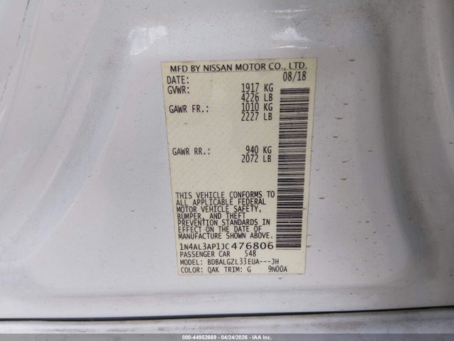 2018 Nissan Altima 2.5 S მანქანა იყიდება აუქციონზე, vin: 1N4AL3AP1JC476806, აუქციონის ნომერი: 44952669