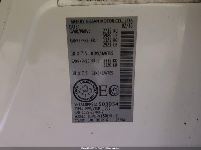 44952672 :رقم المزاد ، 5N1AL0MM9GC503054 vin ، 2016 Infiniti Qx60 مزاد بيع