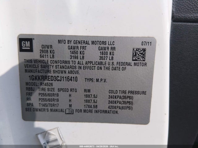 Aukcja sprzedaży 2012 Gmc Acadia Slt-1, vin: 1GKKRRED3CJ116410, numer aukcji: 44952673