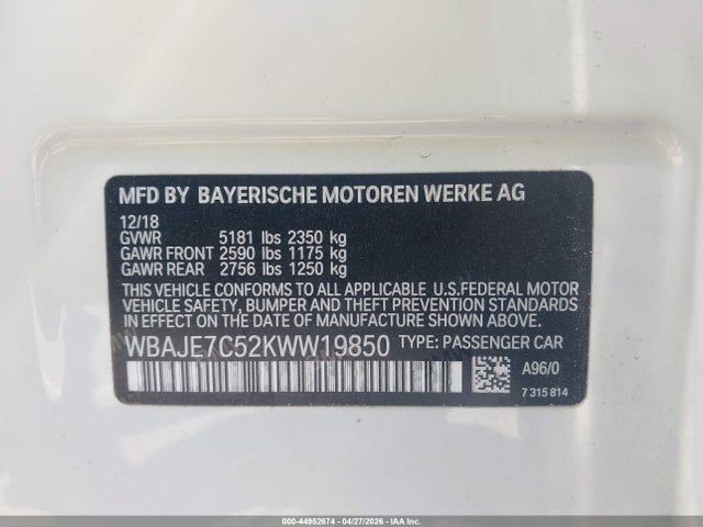 Aukcja sprzedaży 2019 Bmw 540i Xdrive, vin: WBAJE7C52KWW19850, numer aukcji: 44952674