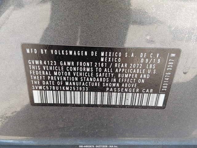 Aukcja sprzedaży 2019 Volkswagen Jetta 1.4t R-line/1.4t S/1.4t Se, vin: 3VWC57BU1KM257933, numer aukcji: 44952679