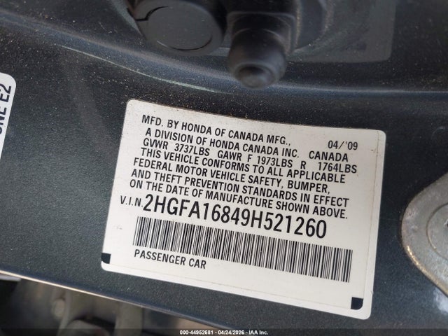 44952681 :رقم المزاد ، 2HGFA16849H521260 vin ، 2009 Honda Civic Ex مزاد بيع