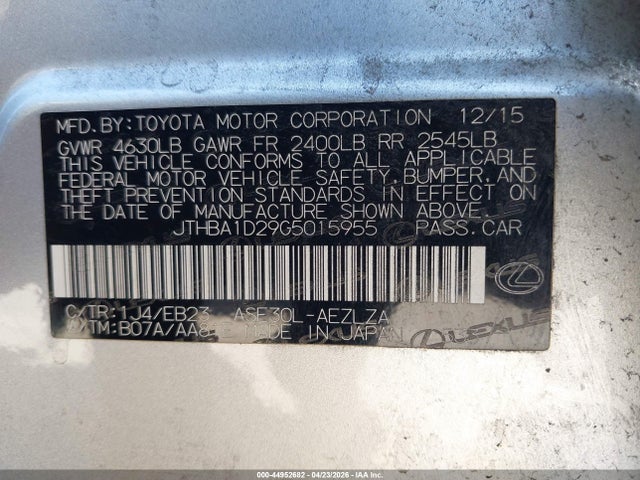 Aukcja sprzedaży 2016 Lexus Is 200t, vin: JTHBA1D29G5015955, numer aukcji: 44952682