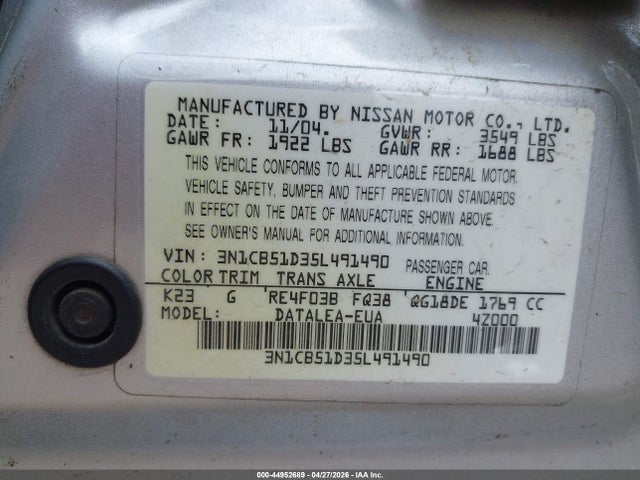 Aukcja sprzedaży 2005 Nissan Sentra 1.8s, vin: 3N1CB51D35L491490, numer aukcji: 44952689
