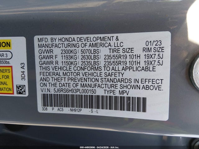 Продаж на аукціоні авто 2023 Honda Cr-v Hybrid Sport Touring, vin: 5J6RS6H93PL000150, номер лоту: 44952696