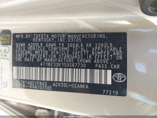 44952701 :رقم المزاد ، 4T1BE32K15U567730 vin ، 2005 Toyota Camry Le مزاد بيع