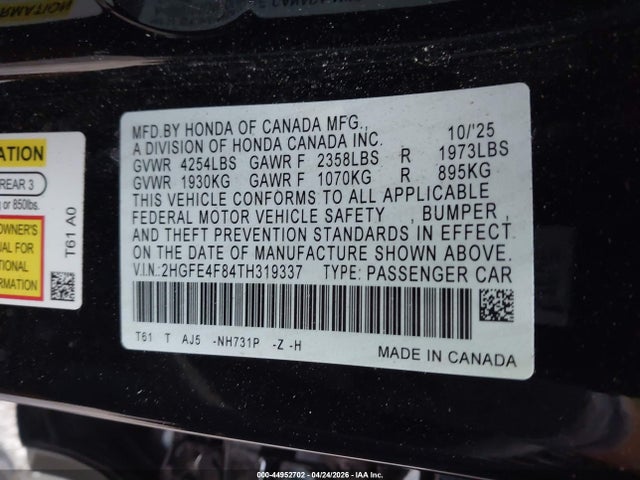 Продаж на аукціоні авто 2026 Honda Civic Hybrid Sport/sport Touring, vin: 2HGFE4F84TH319337, номер лоту: 44952702