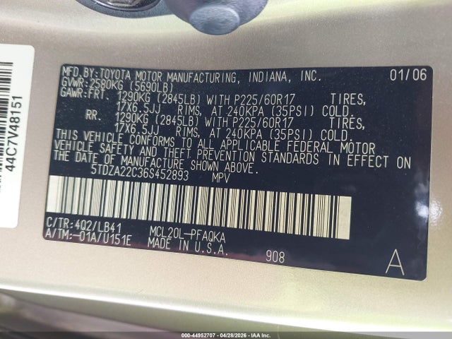 Продажа на аукционе авто 2006 Toyota Sienna Xle Limited, vin: 5TDZA22C36S452893, номер лота: 44952707