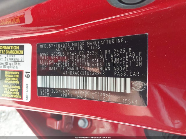 Aukcja sprzedaży 2026 Toyota Camry Le, vin: 4T1DAACKXTU238948, numer aukcji: 44952708