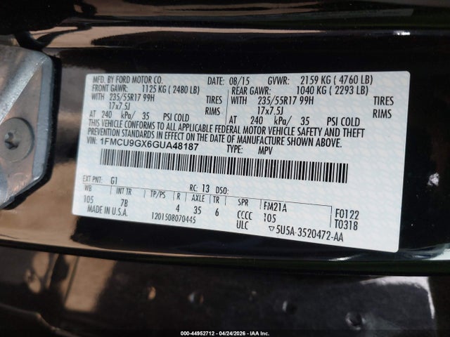 Продажа на аукционе авто 2016 Ford Escape Se, vin: 1FMCU9GX6GUA48187, номер лота: 44952712