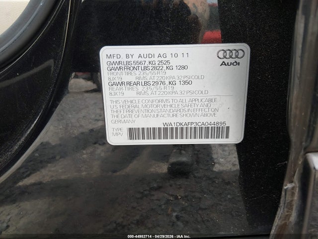 44952714 :رقم المزاد ، WA1DKAFP3CA044895 vin ، 2012 Audi Q5 3.2 Premium Plus مزاد بيع